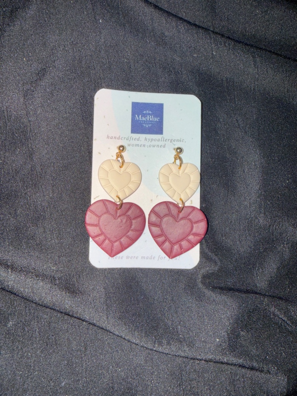 Two-Tone Heart Drop Earrings - Cream & Mauve